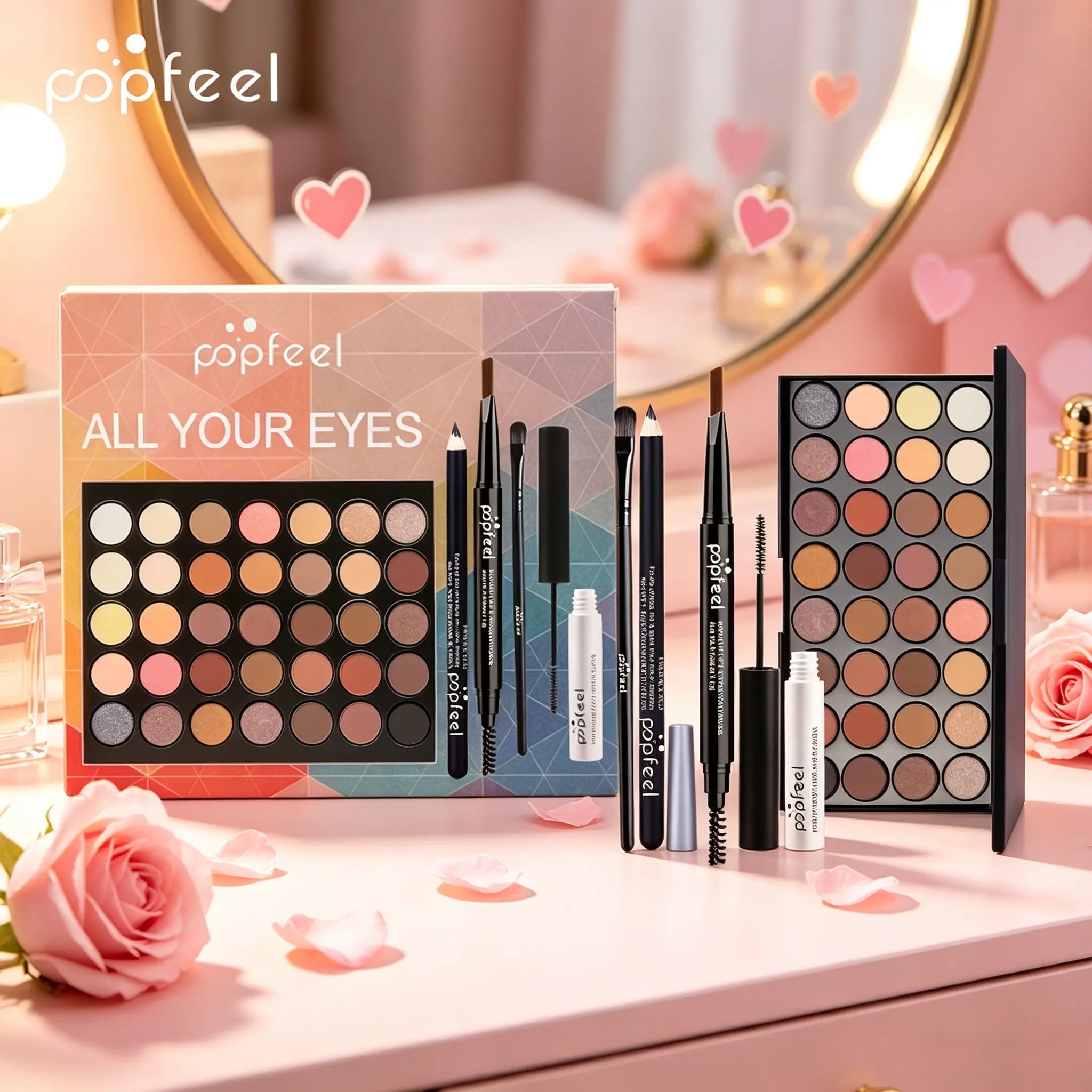 POPFEEL 5‑Piece Complete Eye Makeup Gift Set, Contains Eyeshadow Palette, Mascara, Eyebrow Pencil And Eyebrow Brush, Silky Easy‑Blend Long‑Lasting Pigment, Finish Eye‑brow Looks For Daily Commute And Atmospheric Party Evening Makeup.
