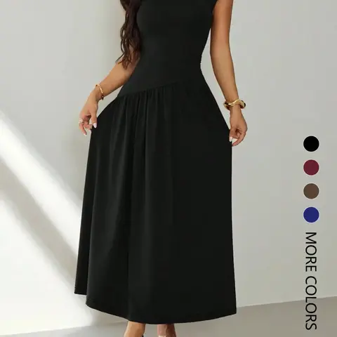 Women's Short-Sleeve Ruched Pleated Slim-Fit Solid-Color Casual Dress, Perfect for Dates, Parties, Clubs and Commuting, Womenswear