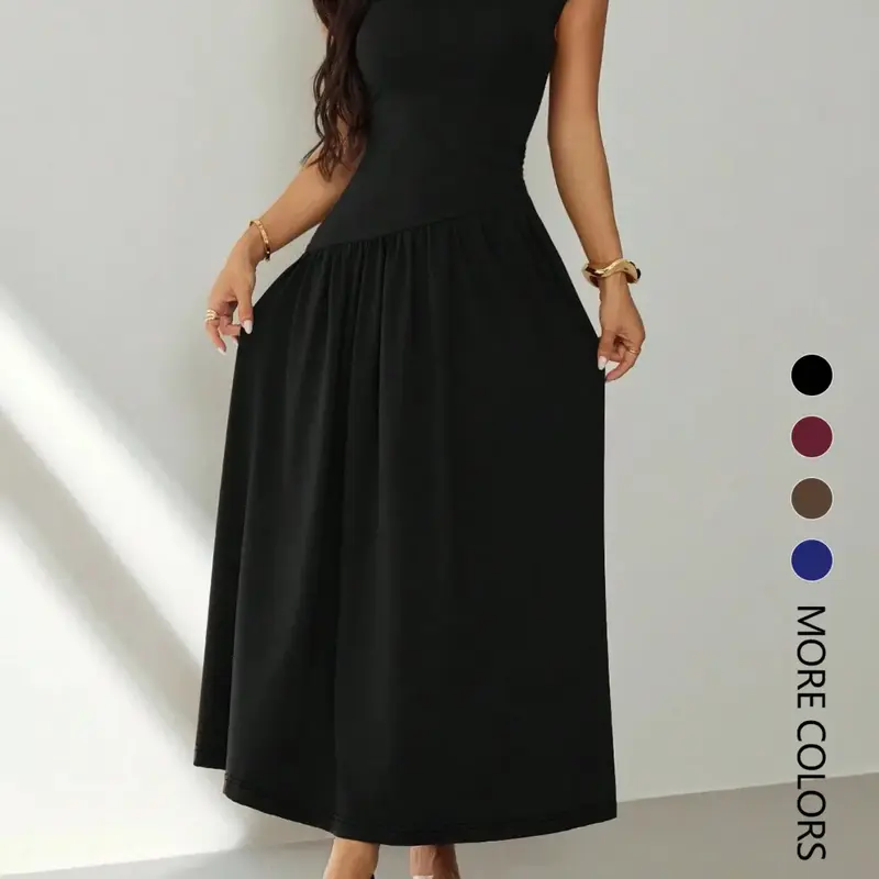 Women's Short-Sleeve Ruched Pleated Slim-Fit Solid-Color Casual Dress, Perfect for Dates, Parties, Clubs and Commuting, Womenswear