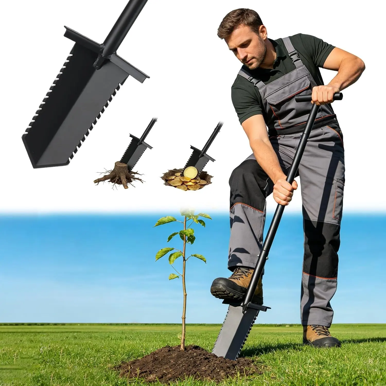 Metal Detecting Shovel 39inch Spade Shovel Lightweight Metal Detector Shovel Effortless Cutting Root Slayer Shovel Serrated Shovels for Digging, Treasure Hunting, Garden Transplanting, Trenching