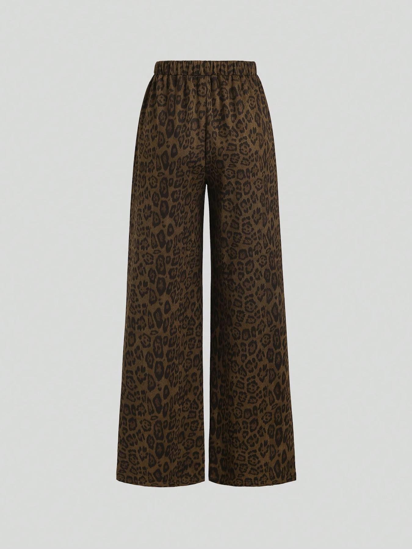 Women's Casual Leopard Print Wide Leg Pants, Loose Fit High Waist Trousers, Comfortable Fashion Bottoms for Daily Wear