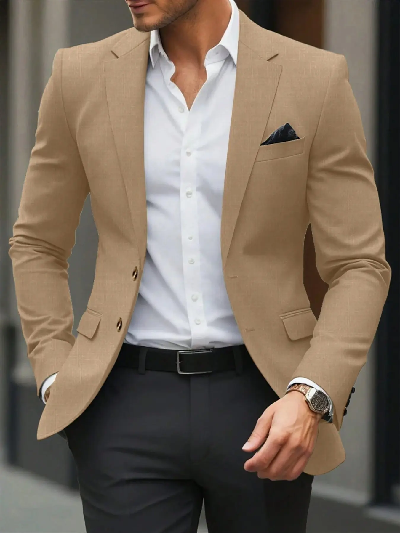 Men's Fashion Polyester Slim Fit Two-Button Notch Lapel Blazer, Casual Pocket Jacket, Wedding Party Daily Wear, Four-Season Gentlemen Coat, Multiple Colors Available
