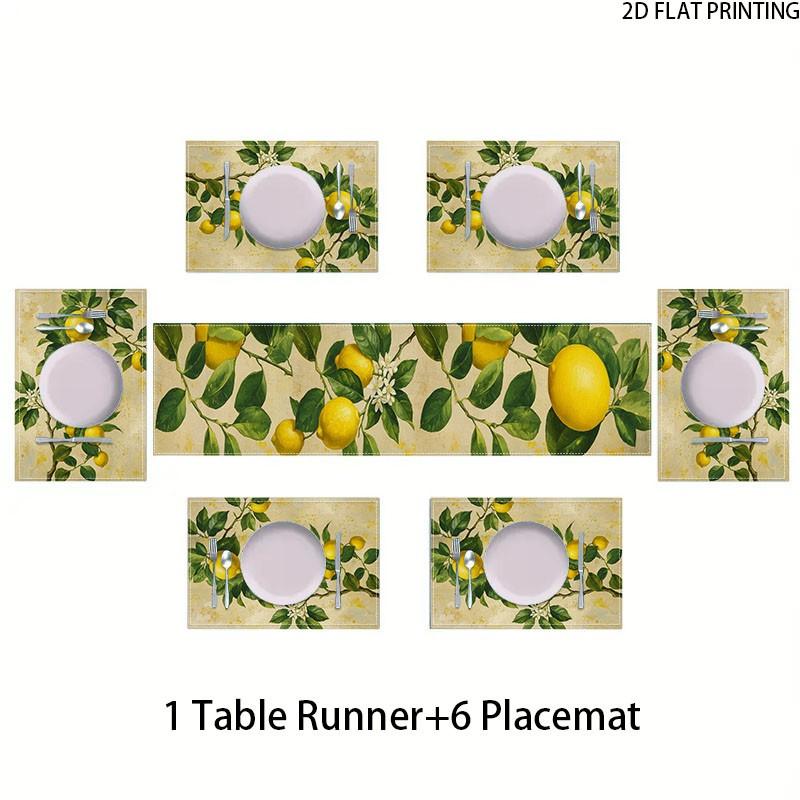 2D flat printing, 5-piece/7-piece watercolor lemon table flag placemat set, with green leaves for summer tabletop decoration and holiday kitchen table decoration, suitable for home gatherings, indoor decoration, and home decor