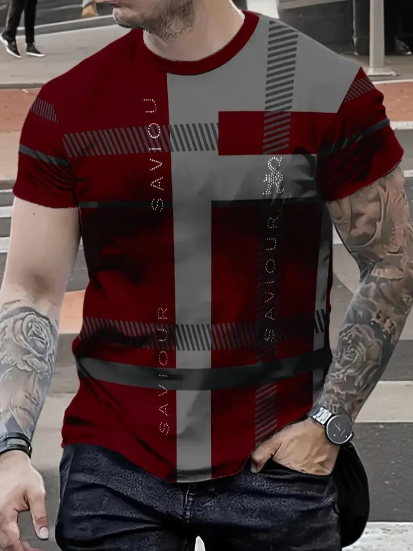 Men's Fashion Casual Streetwear Plaid T-Shirt, 100% Polyester, Round Neck, All Seasons Wear, Fitted Style