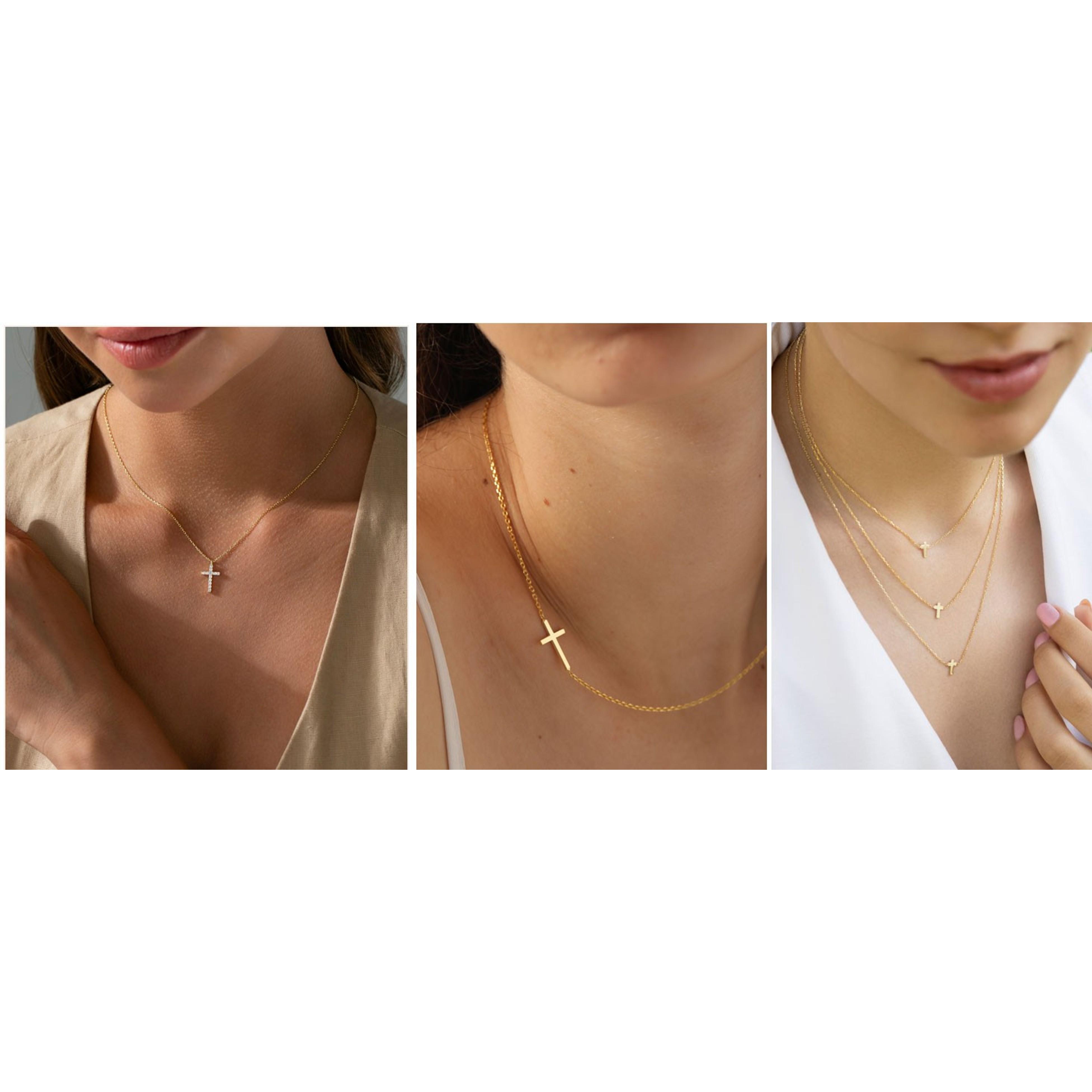 14K Gold Layered Cross Necklaces for Women, Tiny Sideways Cross Necklace, Minimalist Christian Jewelry Gifts for First Communion, Confirmation, Easter, 2Pcs