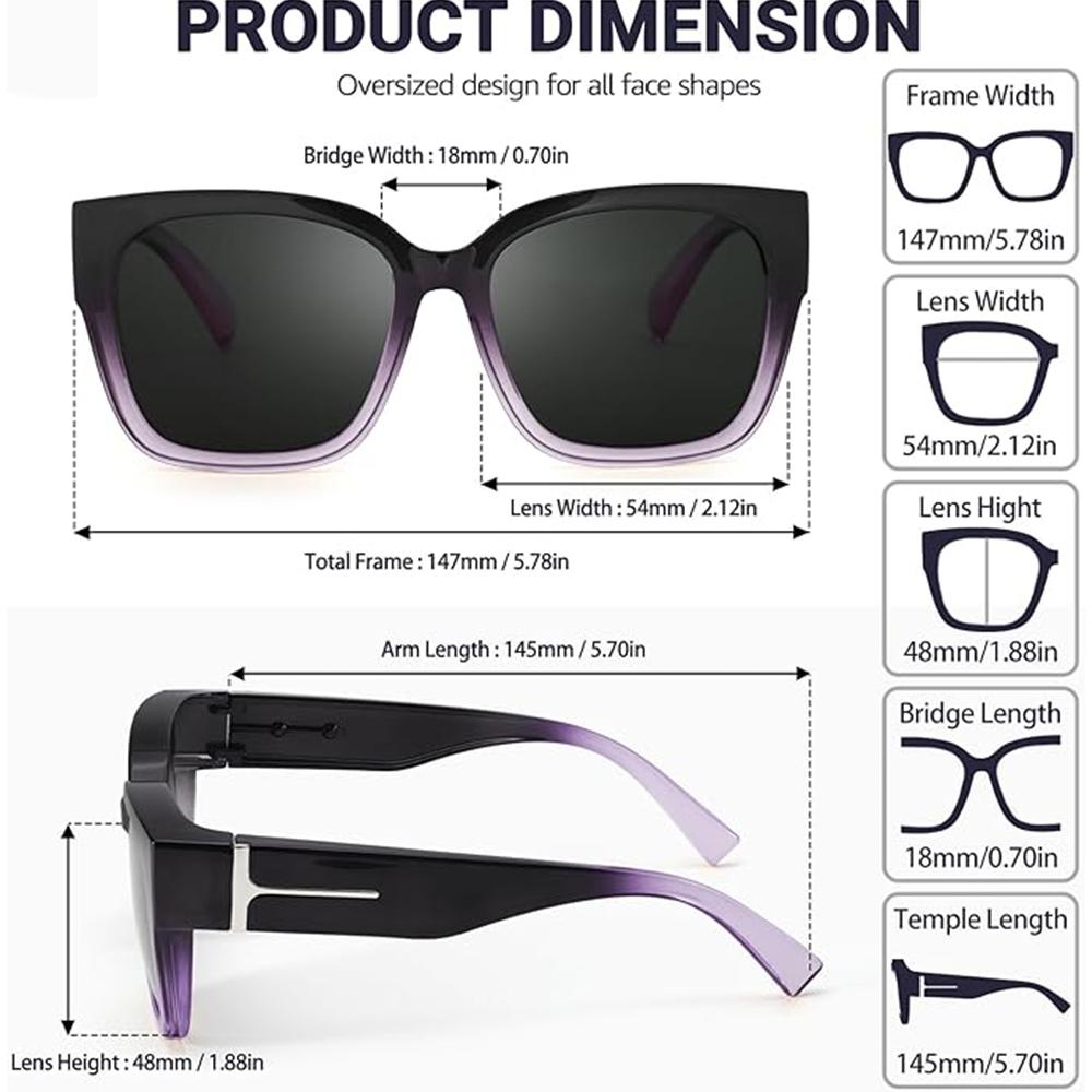 2Pcs Oversized Square Sunglasses for Women Men Frame Polarized UV400 Protection Stylish Comfortable Fit for Driving Fishing Cycling