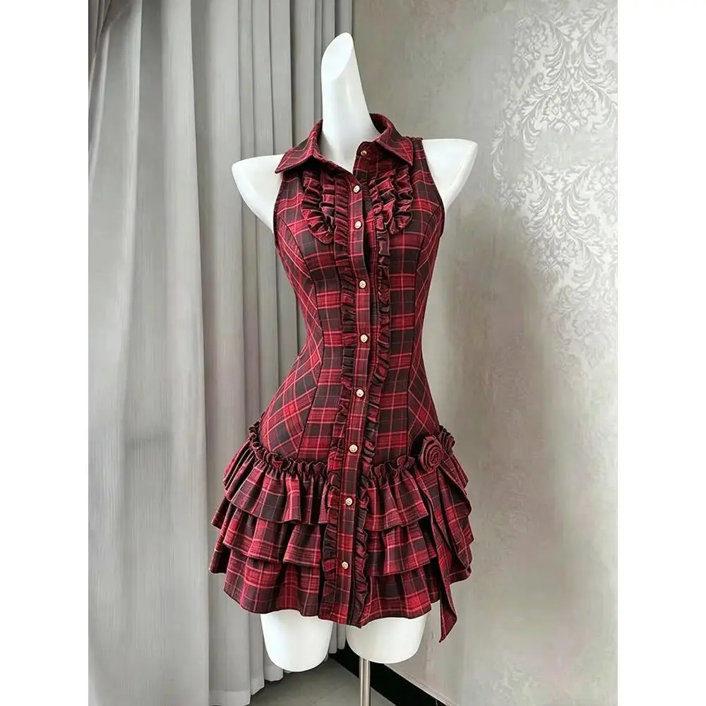 Japanese Vintage Nana Style Dress Women Shirt Collar Sleeveless Plaid Ruffle Waist Layered Hem Mini Dress Y2k Harajuku Outfit