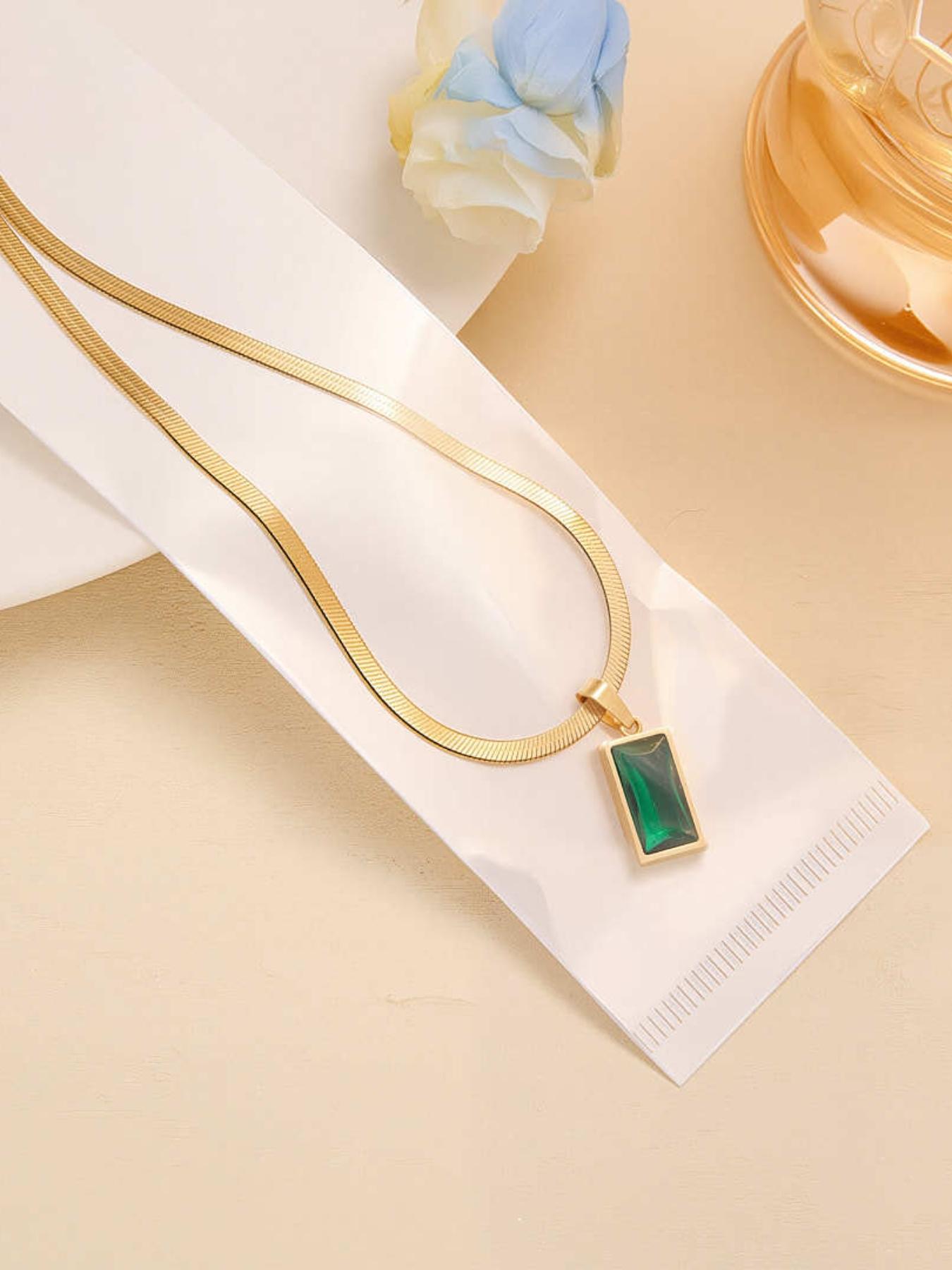 Luxury Gold Plated Green Gem Necklace Earrings Set, Elegant Emerald Jewelry for Women, Vintage Style Snake Chain Pendant Earrings, Perfect Gift for Her