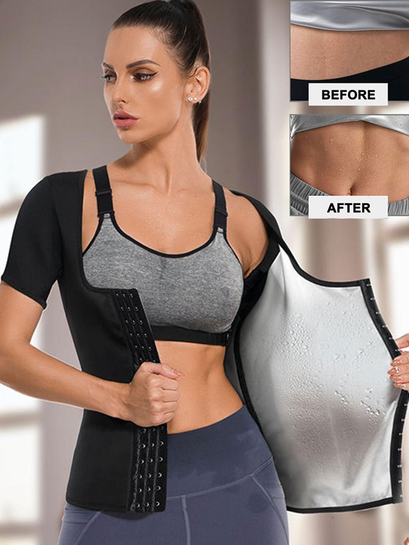 Women's Solid Adjustable Hook & Eye Closure Sauna Top, Breathable Comfortable Short Sleeve Square Neck Sports Top, Ladies Sportswear for Indoor Outdoor Wear Gym Athletic Clothes