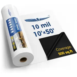 10 mil Vapor Barrier for Crawl Space - 10' x 50' Heavy-Duty Plastic Sheeting - Black/White Panda Film - Crawlspace Encapsulation, Ground Cover, Drop Cloth - Commercial & Residential Use