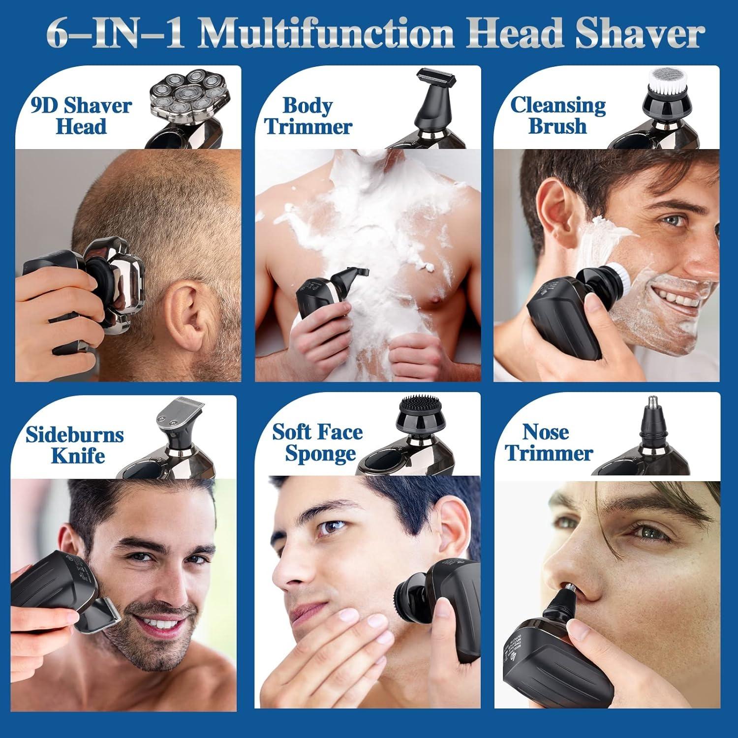 5 in 1 Electric Head Shaver for Men, Waterproof Wet/Dry Grooming Kit, Cordless Rechargeable Razor, Rechargeable Shaver Machine for Home & Travel