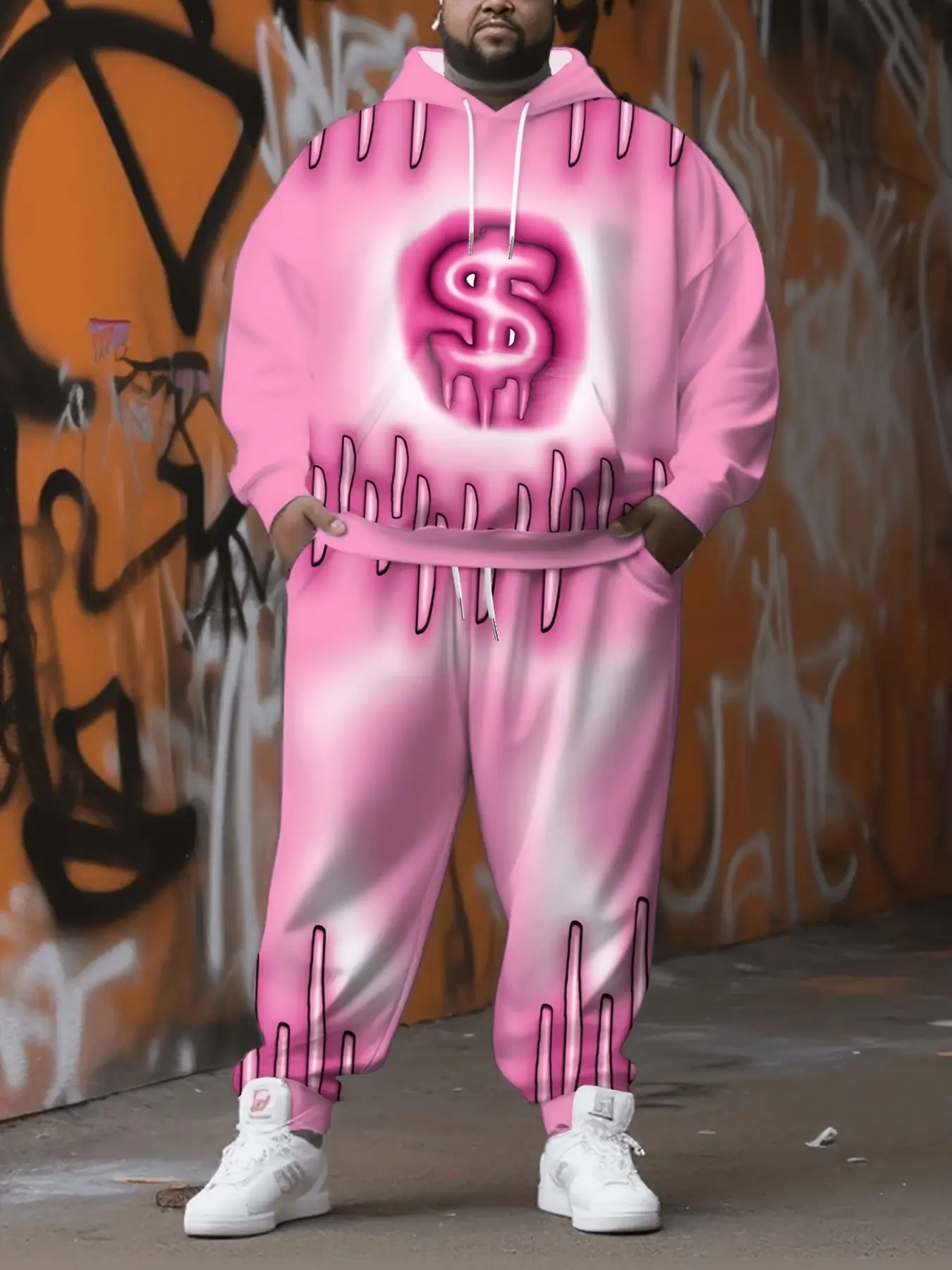 Plus-size men's hoodie set, pink hoodie set with melting dollar sign, two-piece casual sweatpants streetwear outfit