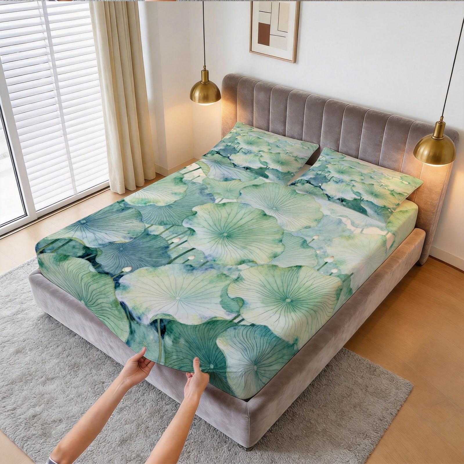 3 Piece Watercolor Lotus Leaf Fitted Sheet Set, Green Lotus HD Digital Print Bedding Set, Soft Breathable Deep Pocket Bed Sheet with Pillowcases for Bedroom & Dorm (Insert Not Included)