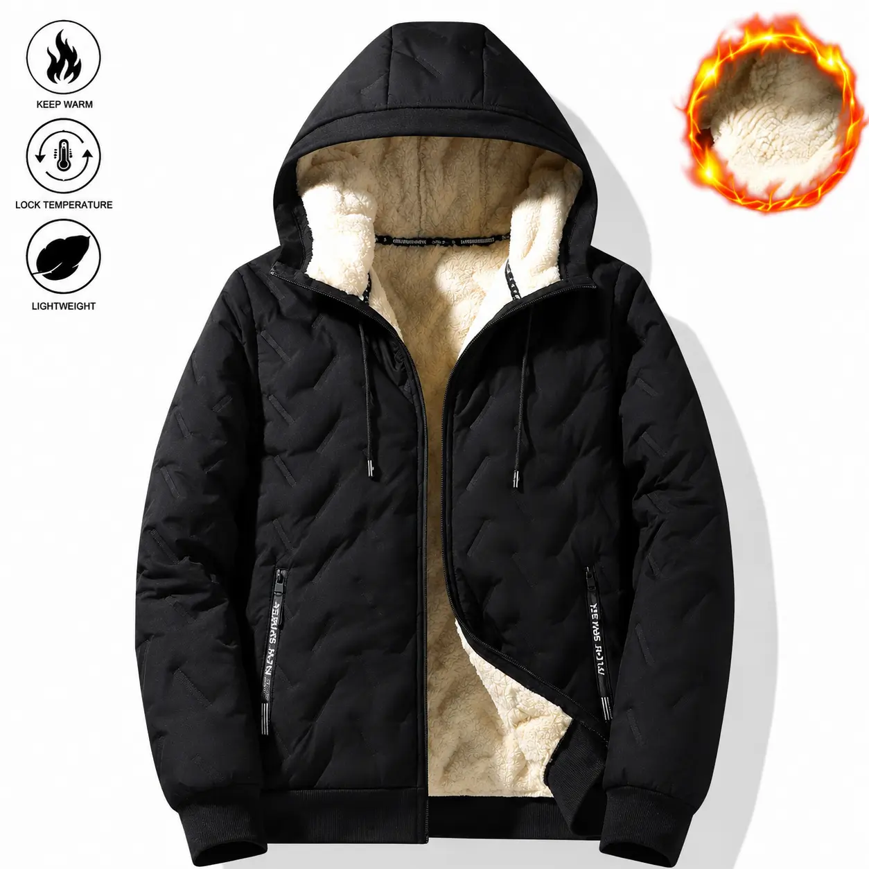 Men's Korean Casual Baggy Winter Jacket - Solid Color, Fleece-Lined Polyester, Hooded, Windproof for Outdoor Commuting, Woven, Hooded Protection, Long Sleeves Keep Arms Covered, Plain Style Keeps Outfits Clean, Windproof Coat