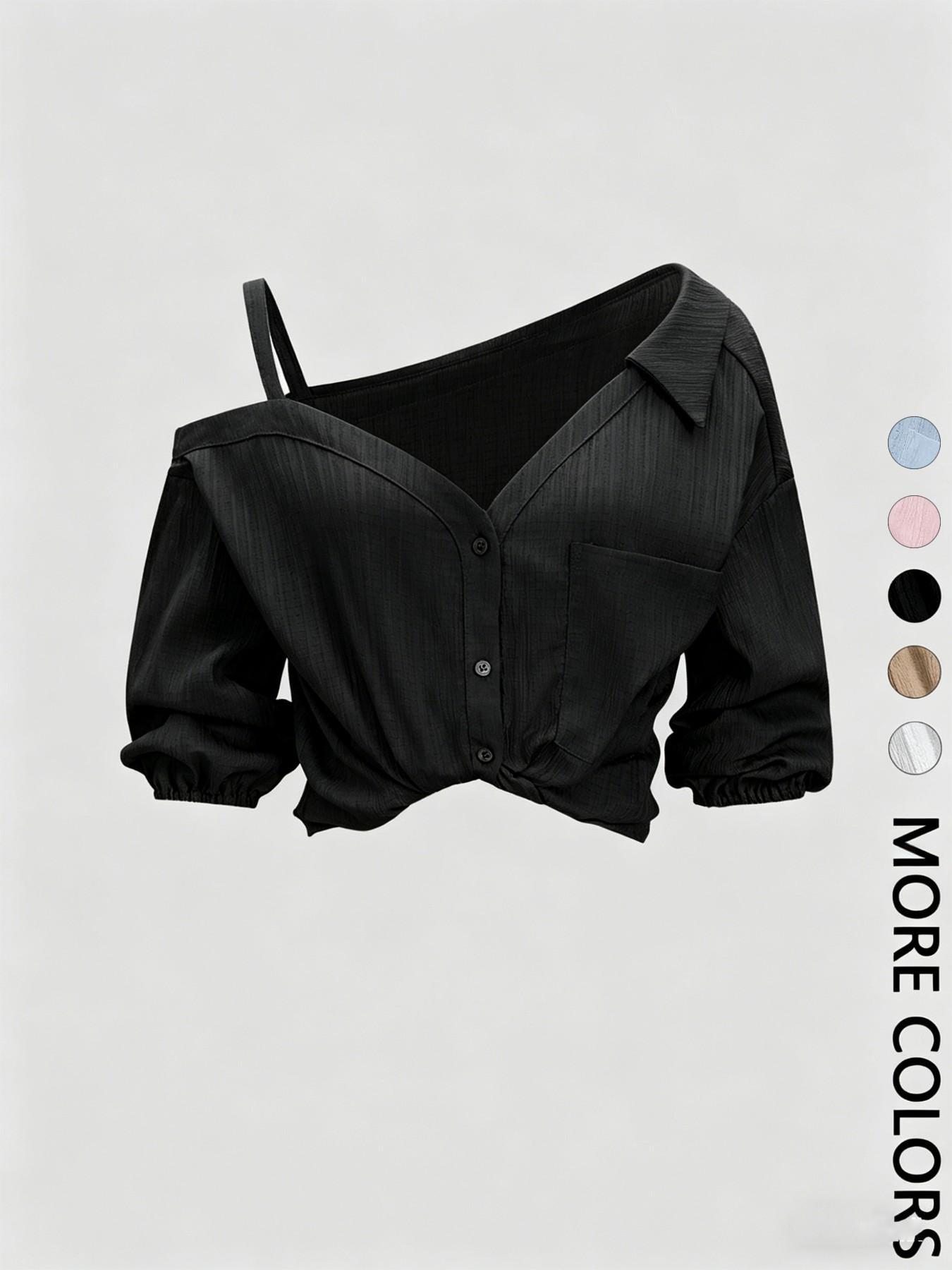Women's Asymmetric Neckline Cold Shoulder Blouse, Collared Button Down 3/4 Sleeve Design, Textured Fabric, Clean Girl Top, Casual Chic Style Clothes for Vacation, Beach and Daily Wear, Spring & Summer Wear