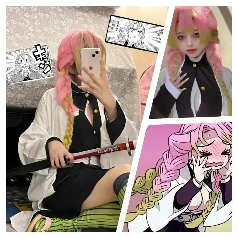 Adult Children Anime Kanroji Mitsuri Cosplay Costume Kimono Haori Dress Wig Clothes Halloween Costume for Adult Children