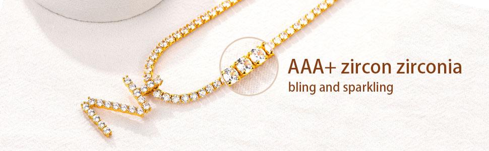 FindChic Tennis Initial 26 Letters Cubic Zirconia Necklace Bling Golden Cubic Zirconia Choker Chain 14" with A-Z Alphabet 26 Letter Pendant, Bling Rapper Hip Hop Unisex Jewelry for Women Men Boys Girls Couple Jewelry Back to School Gift