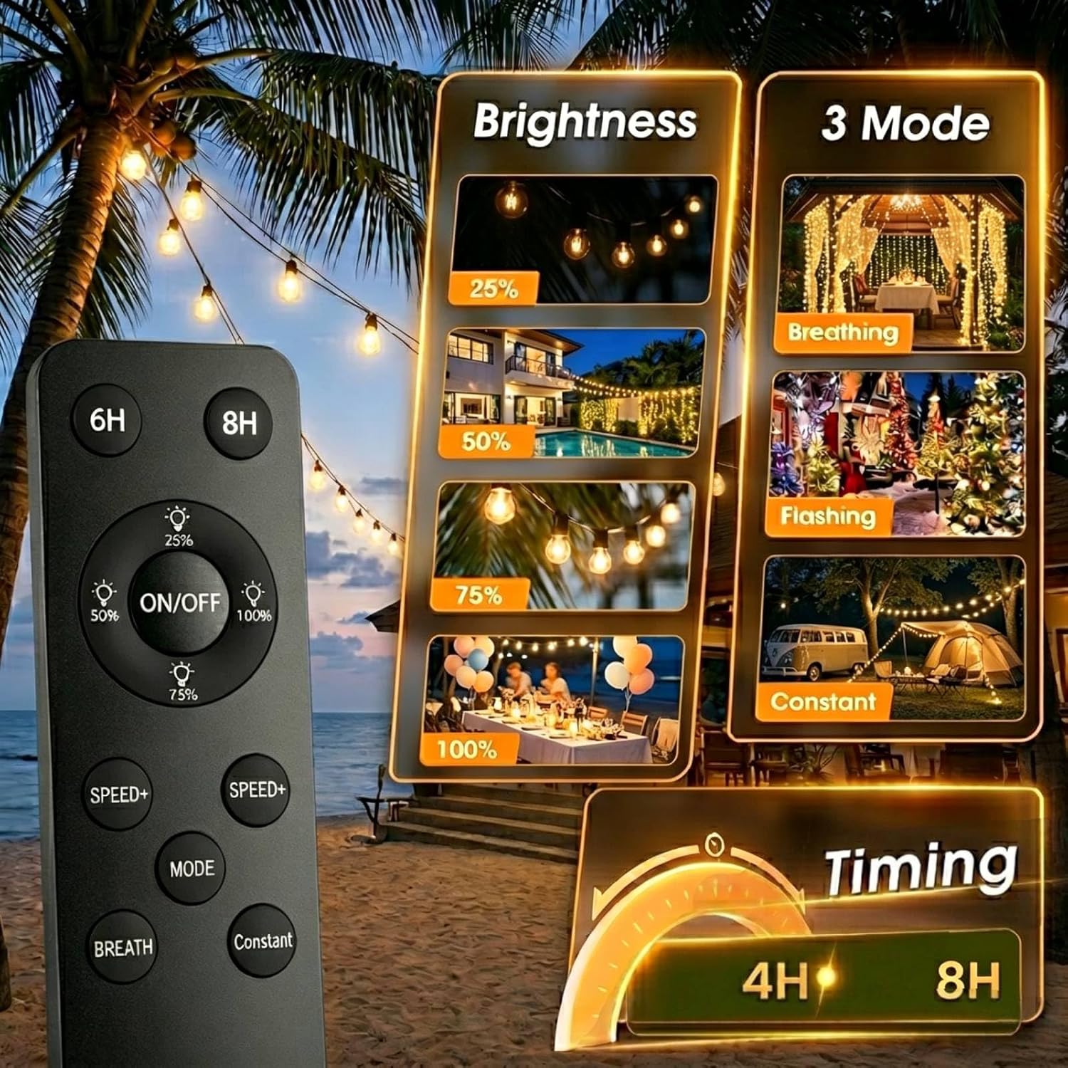 100FT Solar Lights Outdoor Wateroproof, Solar String Lights with Remote USB Port 32 LED Shatterproof,Dimmable Outdoor Lights Long Last for Garden, Patio, Backyard, Yard, Camping Christmas Light