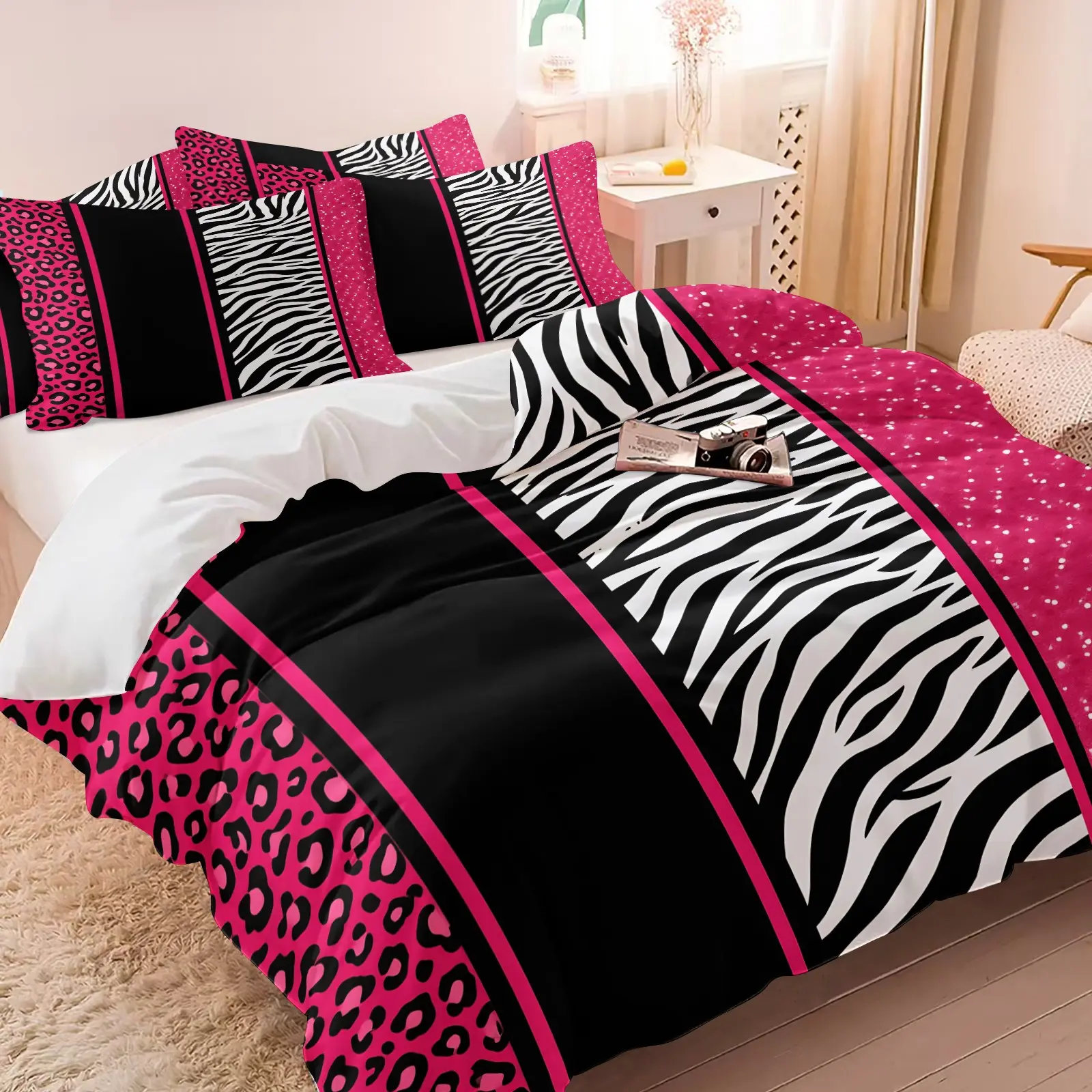 3Pcs Y2K Zebra Leopard Patchwork Duvet Cover Set, Striped Duvet Cover, Includes 1 Duvet Cover + 2 Pillowcases, Soft Breathable All‑Season Microfiber Fabric, Hot Pink Black Animal Stripe Print Bedding, Ideal for Teen Girl Bedroom Decor