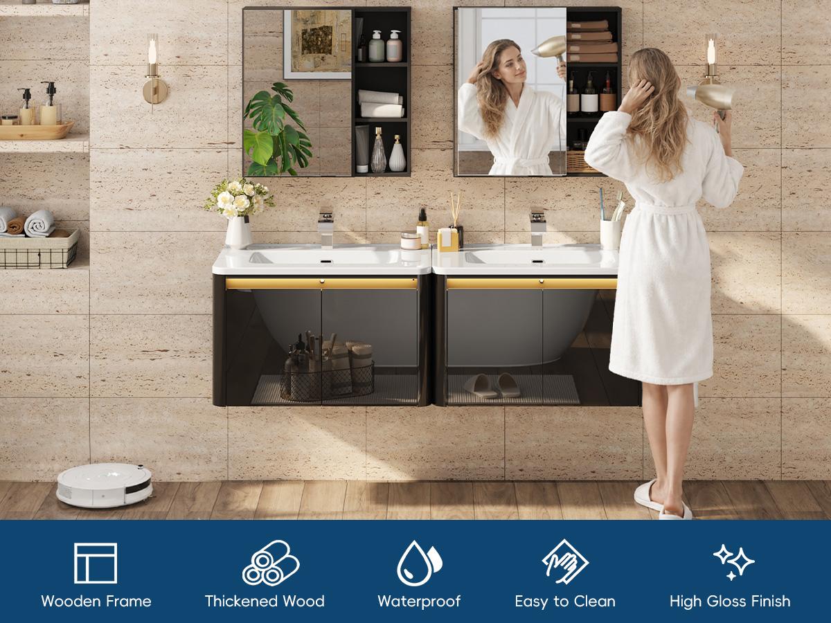 30-in Wood Floating Bathroom Vanity Set - Storage Cabinet, Sink, Faucet, Mirror, Glossy Wall Cabinets, LED Sensor Light, Wall-Mounted Design, Soft-Close Drawers for Organization, Bathroom Storage Cabinet,dorm essentials,home decor