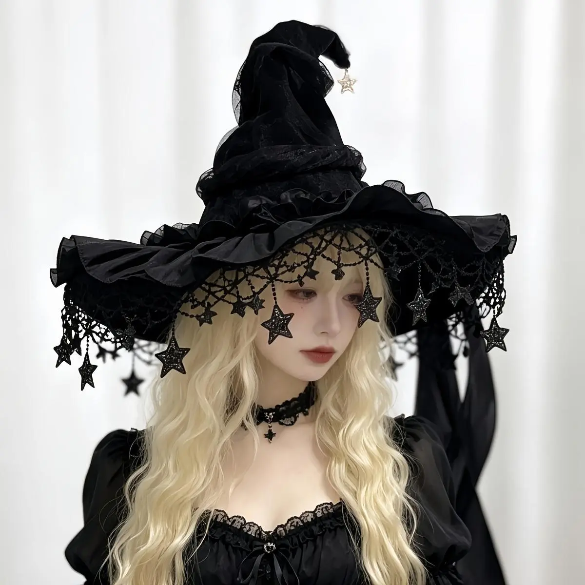 Aesthetic Gothic Witch Hat Set, 2PCS Halloween Costume Accessories with Moon Star Pendant Necklace, Tulle Wizard Hat with Long Satin Ribbon Bow, Fairycore Renaissance Cosplay for Party, Festival, Photoshoot