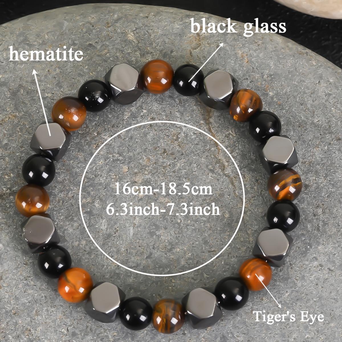 1Pc Natural Stone Beaded Bracelet, 8mm Polished Tiger Eye & Hematite Round‑Bead Construction, Cool Punk Retro Style, Men’s Elastic Stretch Wrist Bangle, Guys For Daily Wear & Streetwear Outfits, Energy Protection Charm, Ideal Valentine’s For Boyfrien