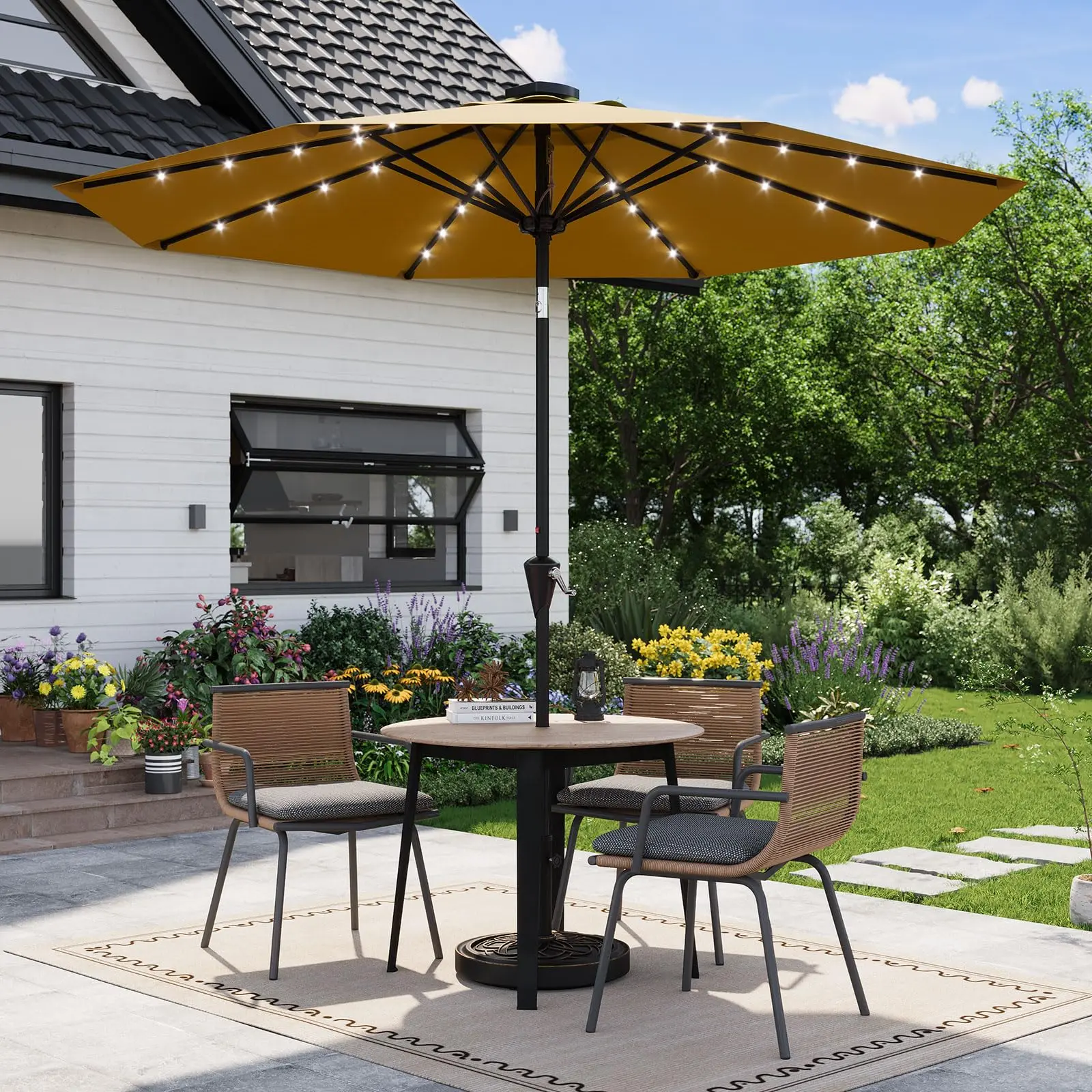 Garvee 9FT Solar Patio Umbrella with 32 Auto-Lit LED Lights, Fade Resistant Canopy, Sturdy Ribs, Crank & Push Button Tilt, UPF 50+ Protection for Pool, Deck, Garden, and Outdoor Spaces