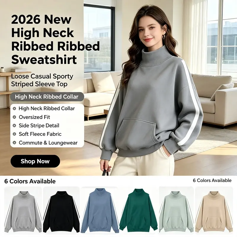 Women's 2026 Fall Winter High Neck Sweatshirt, Loose Casual Sport Pullover Top, Ribbed Collar Long‑Sleeve Sweatshirt with Side Striped Sleeve & Front Pocket for Ladies Daily Wear