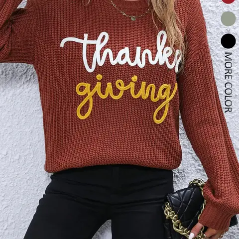 Women's Pullover Sweater, Casual Round Neck Long Sleeve Knitwear for Fall & Winter, Fitted Medium Fabric, Perfect for Thanksgiving
