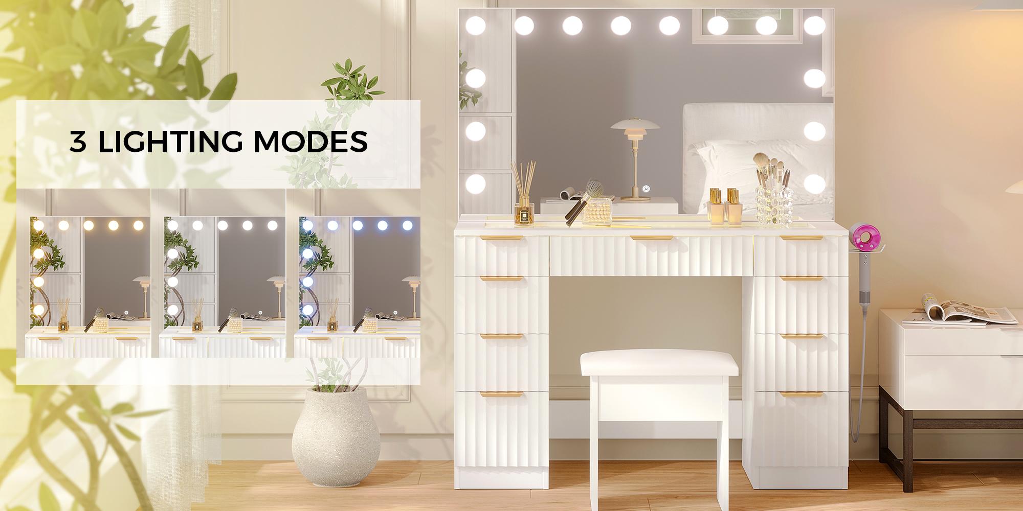 VOWNER Makeup Vanity Table with Full Mirror, 9 Storage Drawers & Glass Top, Wave Series, PowerOutlet Hair Dryer Rack Dressing Table