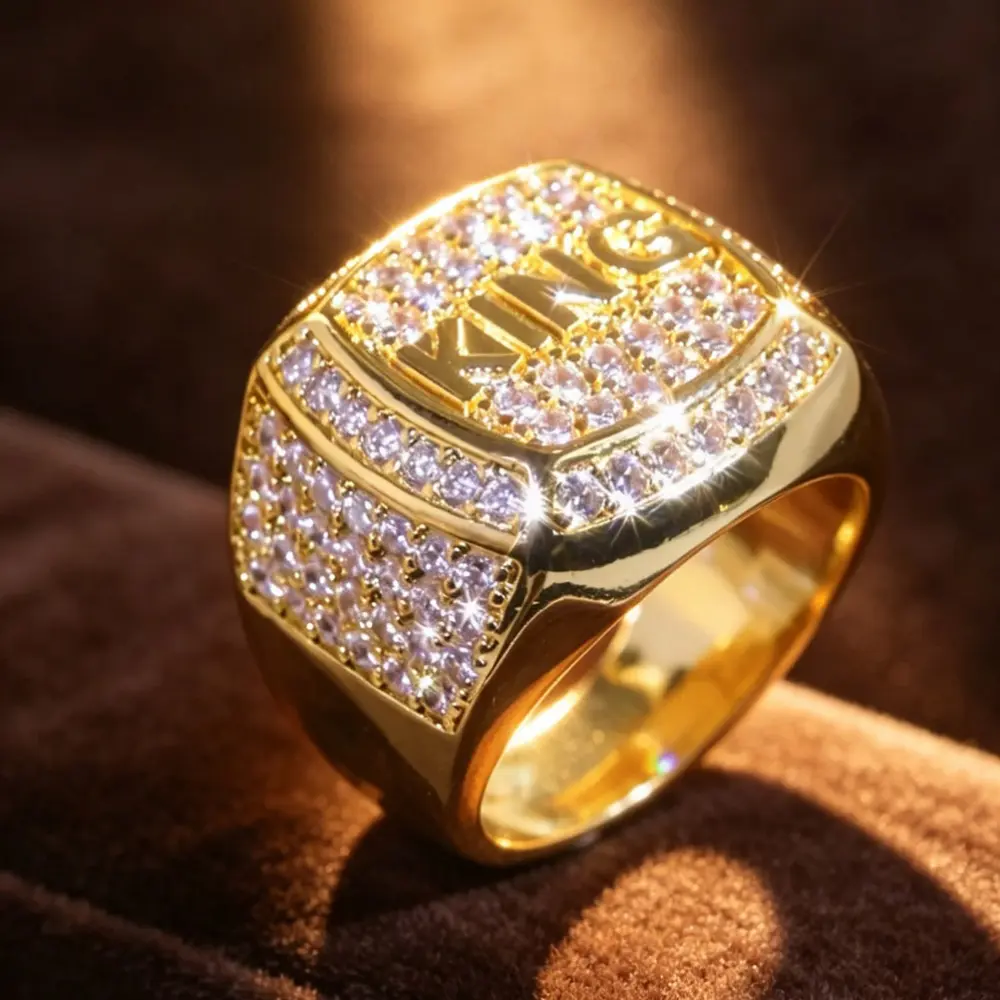 Men Hip‑Hop KING Signet Wide Ring, Full Paved Iced‑Out Bling Statement Ring, Champion Rap Style Ring, Trendy Ornament for Nightclub Celebration Holiday Gifting