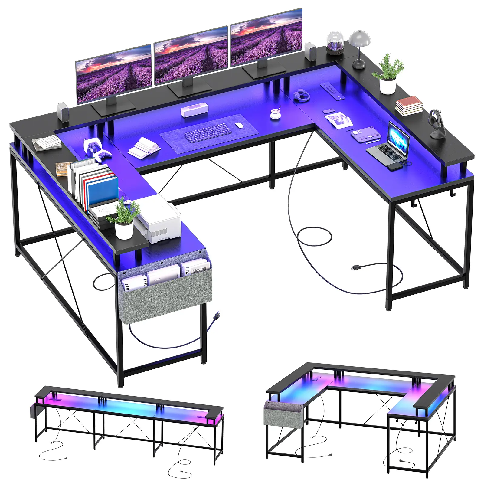 U-Shaped Reversible Office Desk with Power Outlets & RGB LED Lights, Large Corner Computer Table with Monitor Stand & Storage Shelves, Modern Black Finish Workstation for Home Office & Executive Use