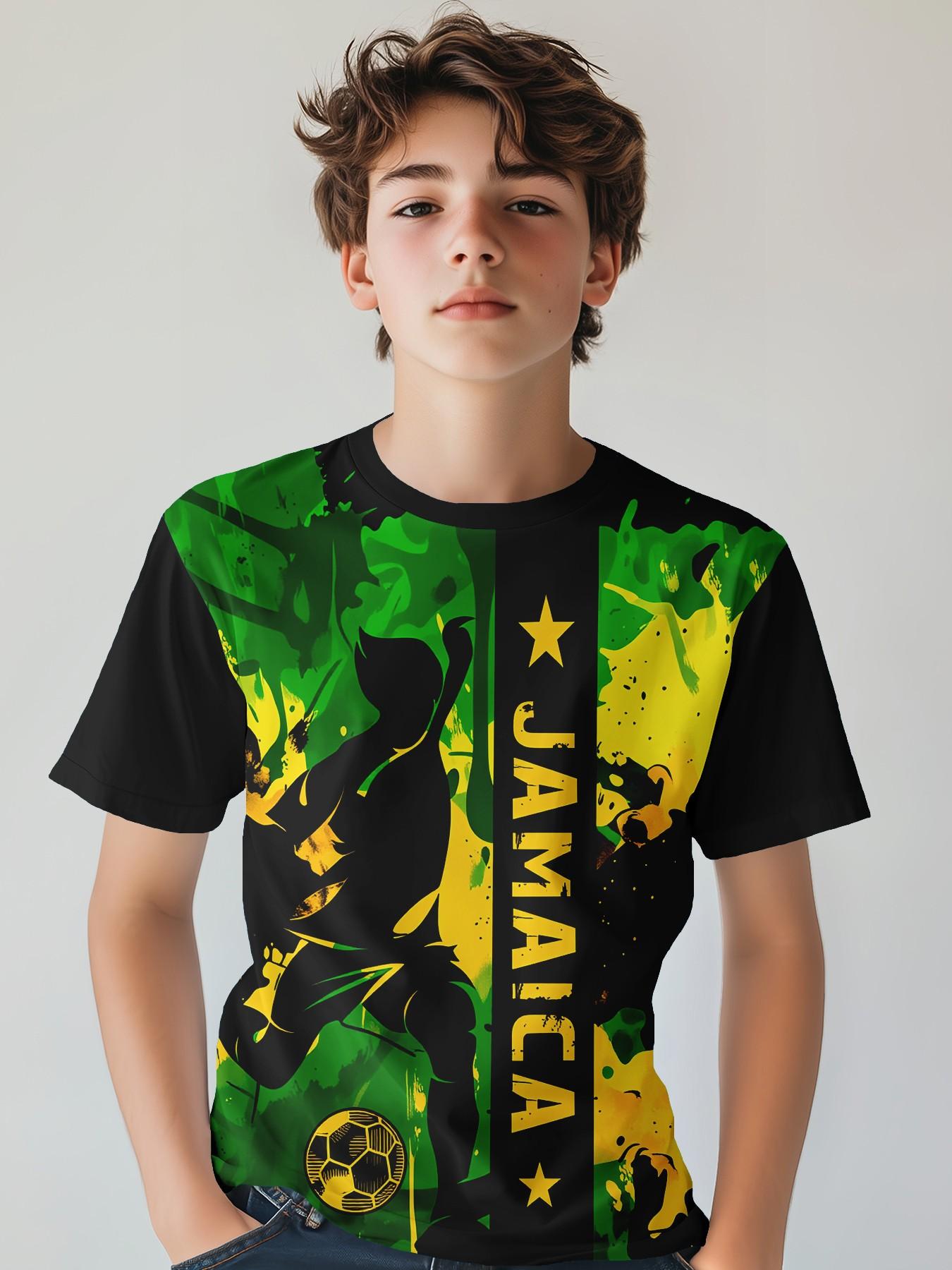 Boy Football Print T-Shirt, Kids Soccer Player Pattern T-Shirt, Casual Summer Short Sleeve Top, Teenager Clothing, Geometric Design