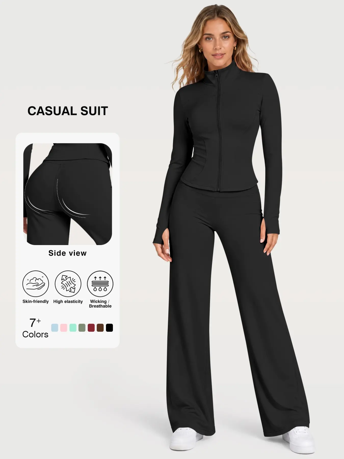 Flexaura Two-Piece Set, High-Waist Wide-Leg Pants & Zipper Jacket, Breathable Sporty, Long Sleeve, All Seasons, Yoga & Gym Wear