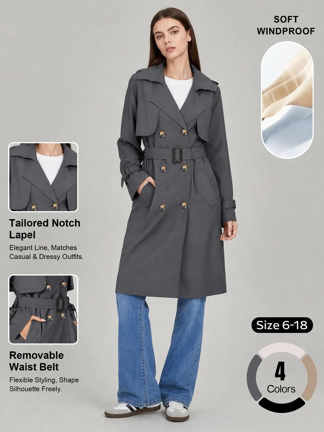Women's Elegant Double-Breasted Detachable Belt Coat, Fall Winter Notched Lapel Side Pocket Long Sleeve Outerwear, Lightweight Windproof Jacket#TikTokMadeMeBuyIt #StreetStyle #Windbreaker