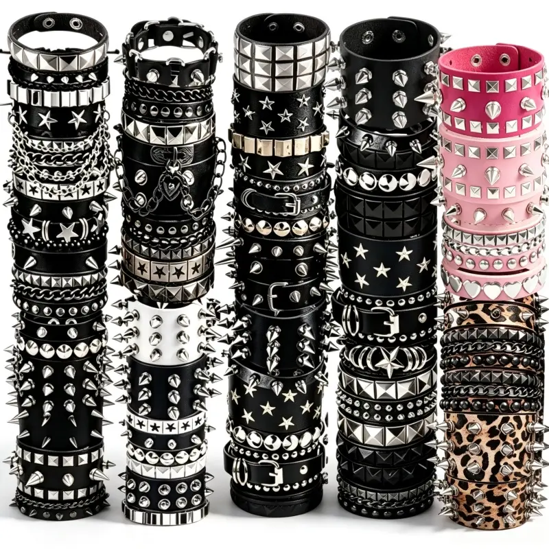 13/11/7/5/3Pcs Gothic Punk Wide Artificial Leather Wrist Cuff Bracelets, Mixed Rivet Cone Spike Multi-Color Leopard Print Stackable Bracelets for Women, Perfect Halloween & Party Occasion Wear