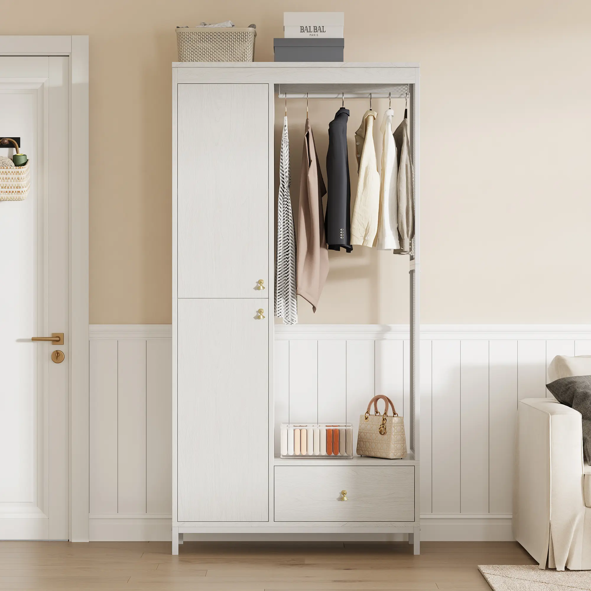 Spacious Armoire Wardrobe Closet, Modern Metal & Wood Frame, Double Doors, Hanging Rod, Bottom Drawer & Shelves, Bedroom Storage, Black