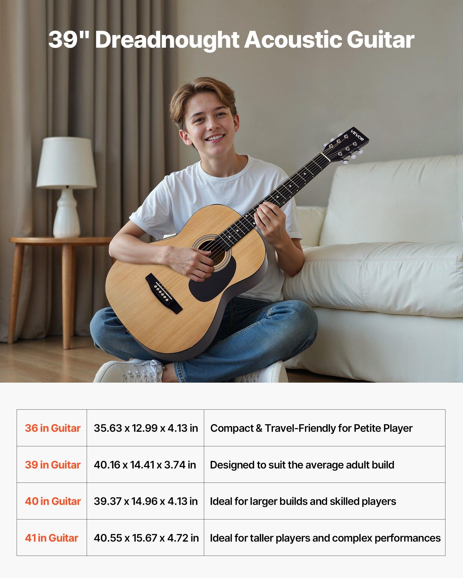 VEVOR Dreadnought Acoustic Guitar, 39 in, 6-String Natural Solid Spruce Top Guitar, Portable Bundle with Gig Bag, Tuner, Strap, Steel Strings, Picks, Capo, Rosewood Fingerboard, for Beginner Adults