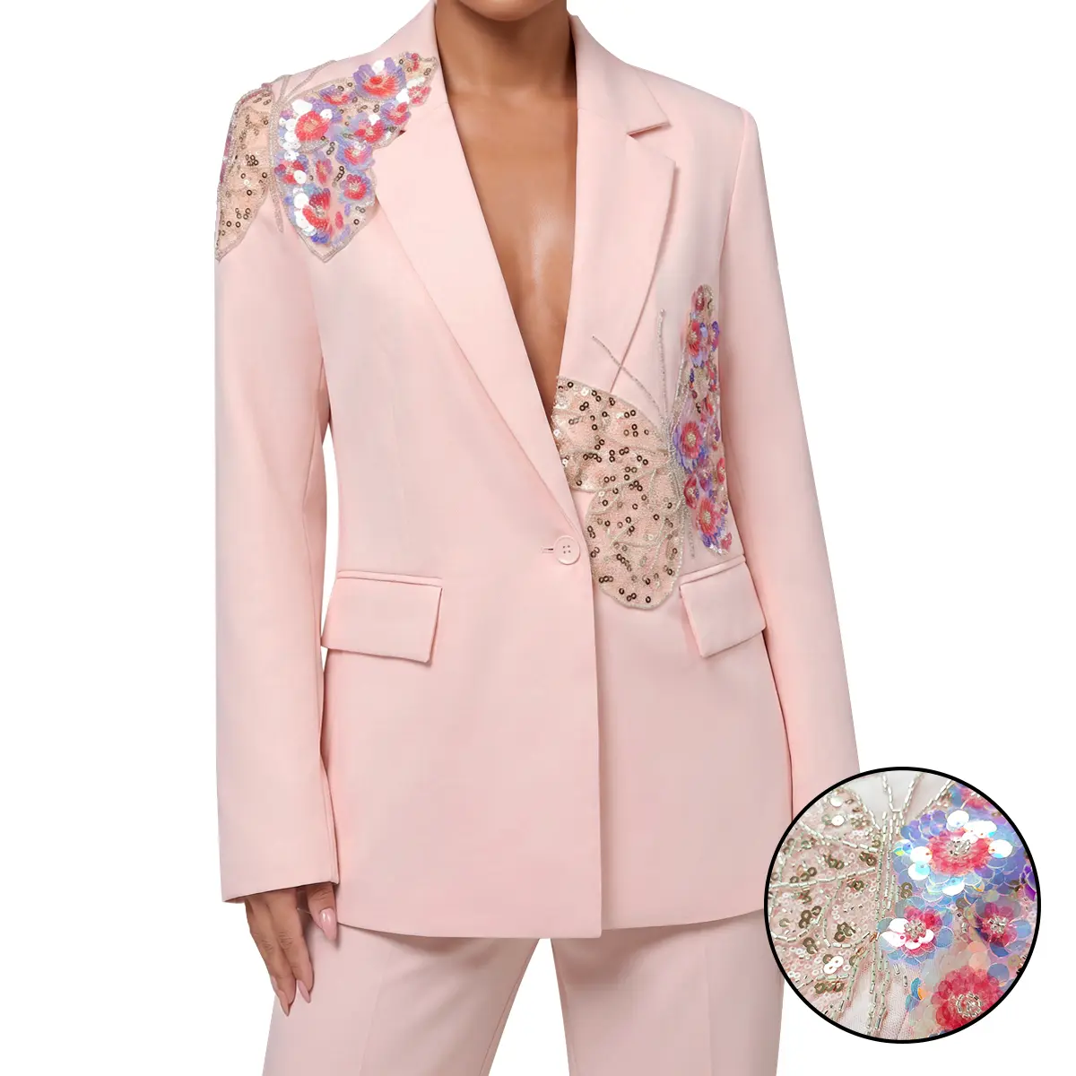 ASANDY Women's Pink Polyester Blazer - Chic, Basic V-Neck Notched Lapel, Single Button, Colorful Sequin Butterfly Embroidery, Elegant Tailored Outerwear Clothes for Office, Wedding