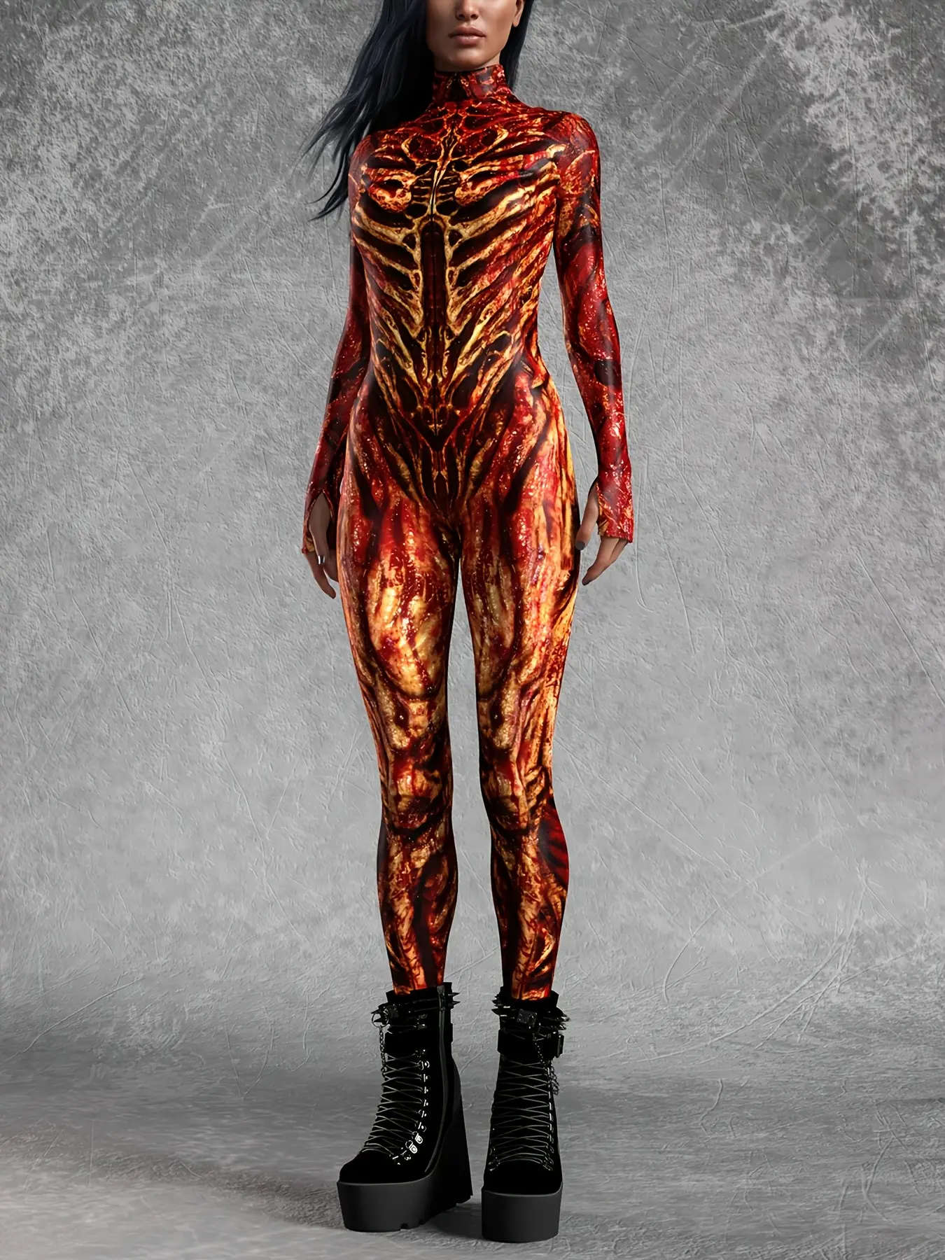 Fire Festival Bestseller, Flame Lava Pattern Bodysuit, Apocalyptic Cosplay Costume, Cyberpunk Style, Halloween Party, Unique Role Play Dress