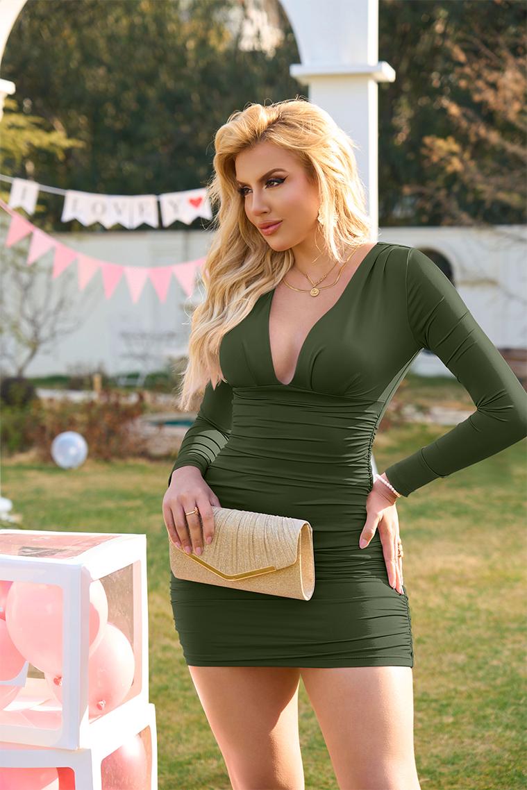 OYV Women's Sexy Army Green V-Neck Long Sleeve Ruched Bodycon Mini Dress for Party & Casual Wear
