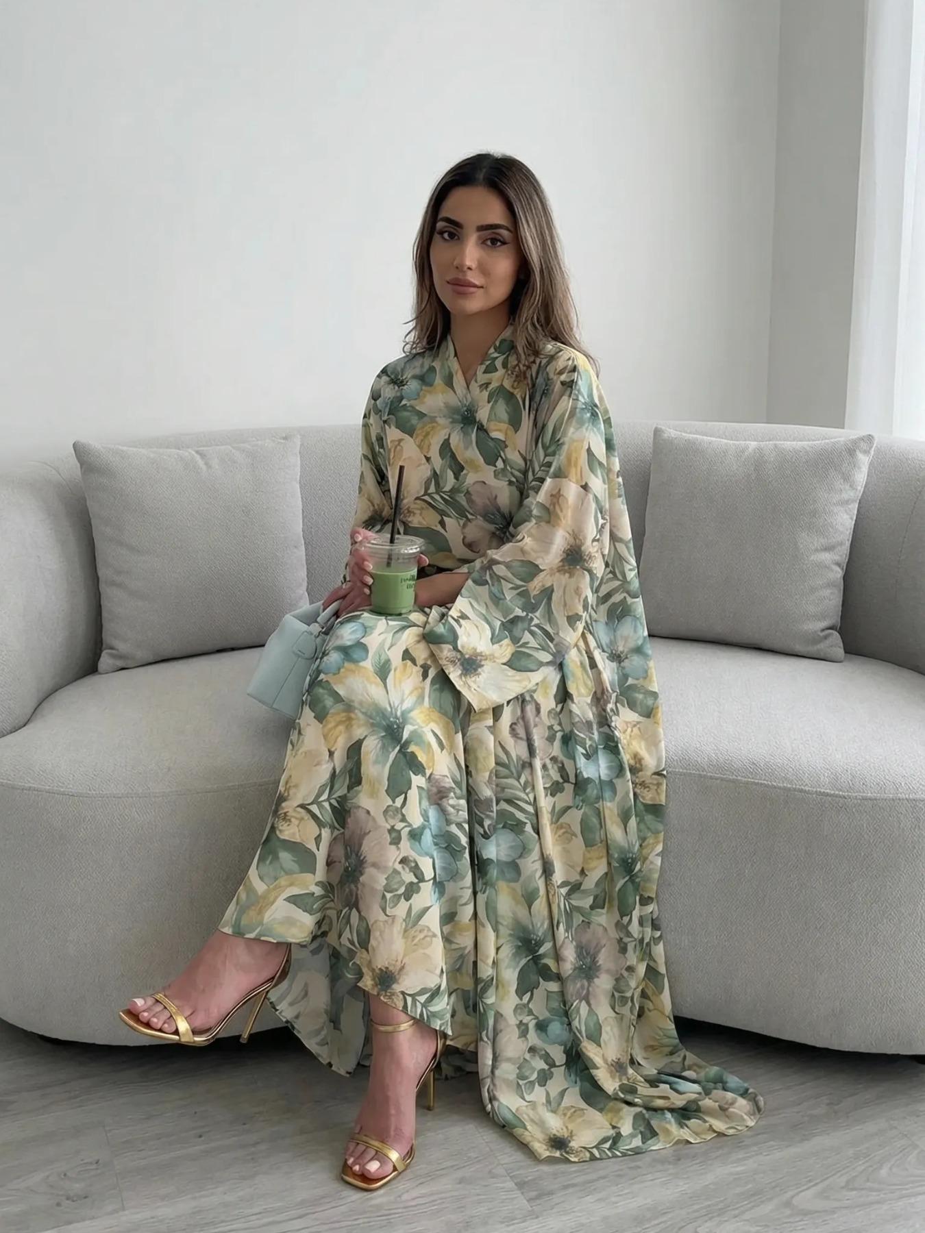 Elegant Floral Abaya Open Front Cardigan Long Robe Set, Perfect for Vacation Parties Gatherings, Includes Headscarf, Fashionable and Beautiful, Watercolor Abaya Set