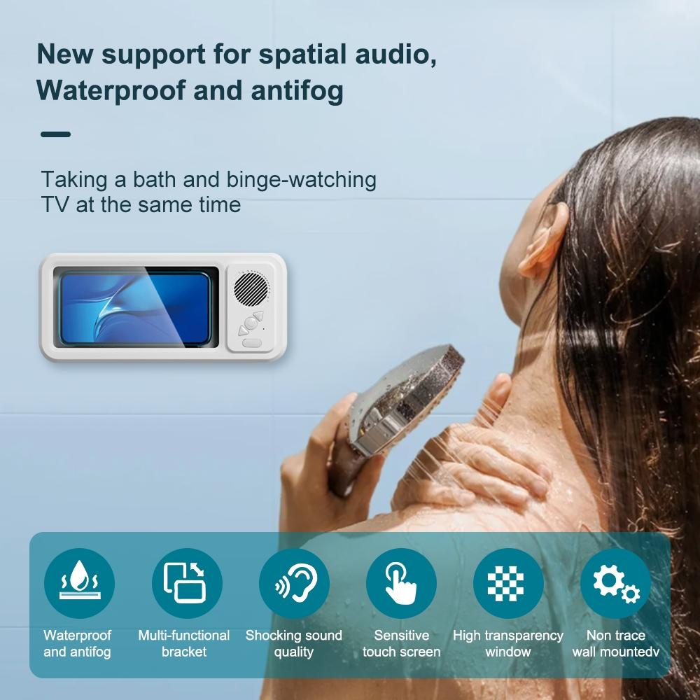 Waterproof box speaker, bathroom waterproof 360 ° rotating touch screen, Bluetooth speaker, watch movies, listen to music, phone holder Bluetooth speaker audio shower TV holder, Multifunctional Wireless Speaker, swimming pool, kitchen, bathroom, sink