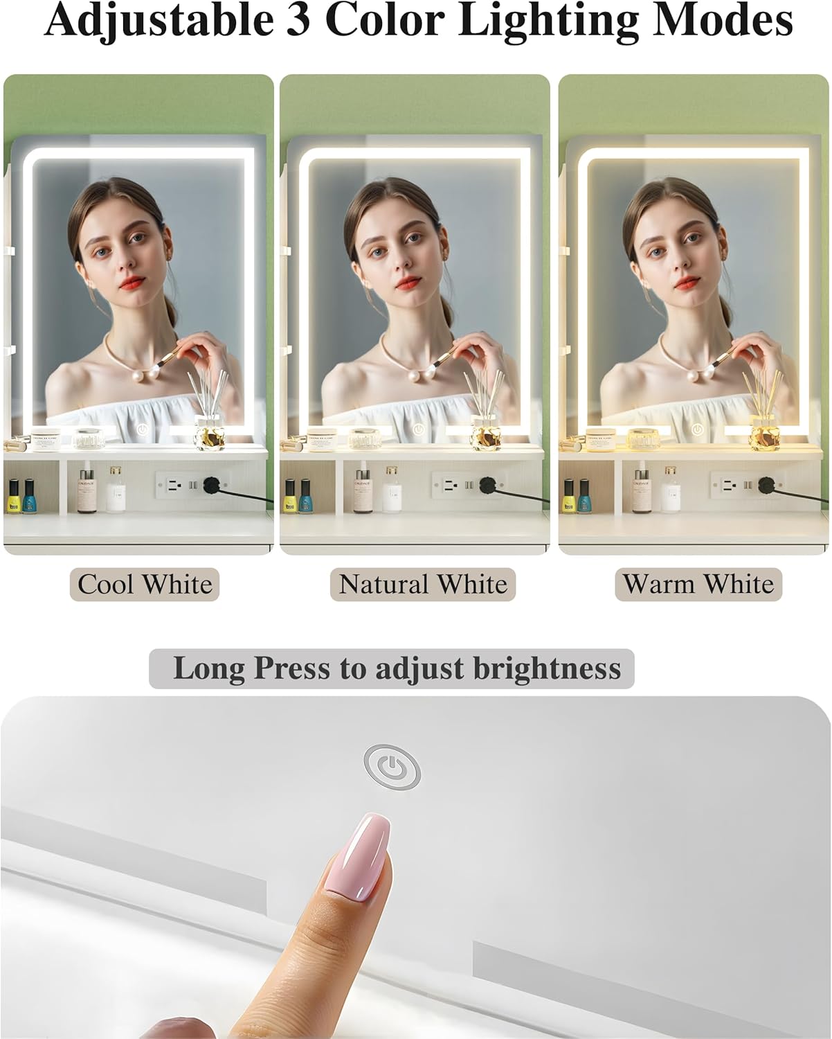 Makeup Vanity Desk with Mirror and Lights, 36.6" Small Makeup Vanity with 4 Fabric Storage Drawer & Chair & Shelves, White Vanity with Fold-up Panel and Power Outlet for Bedroom