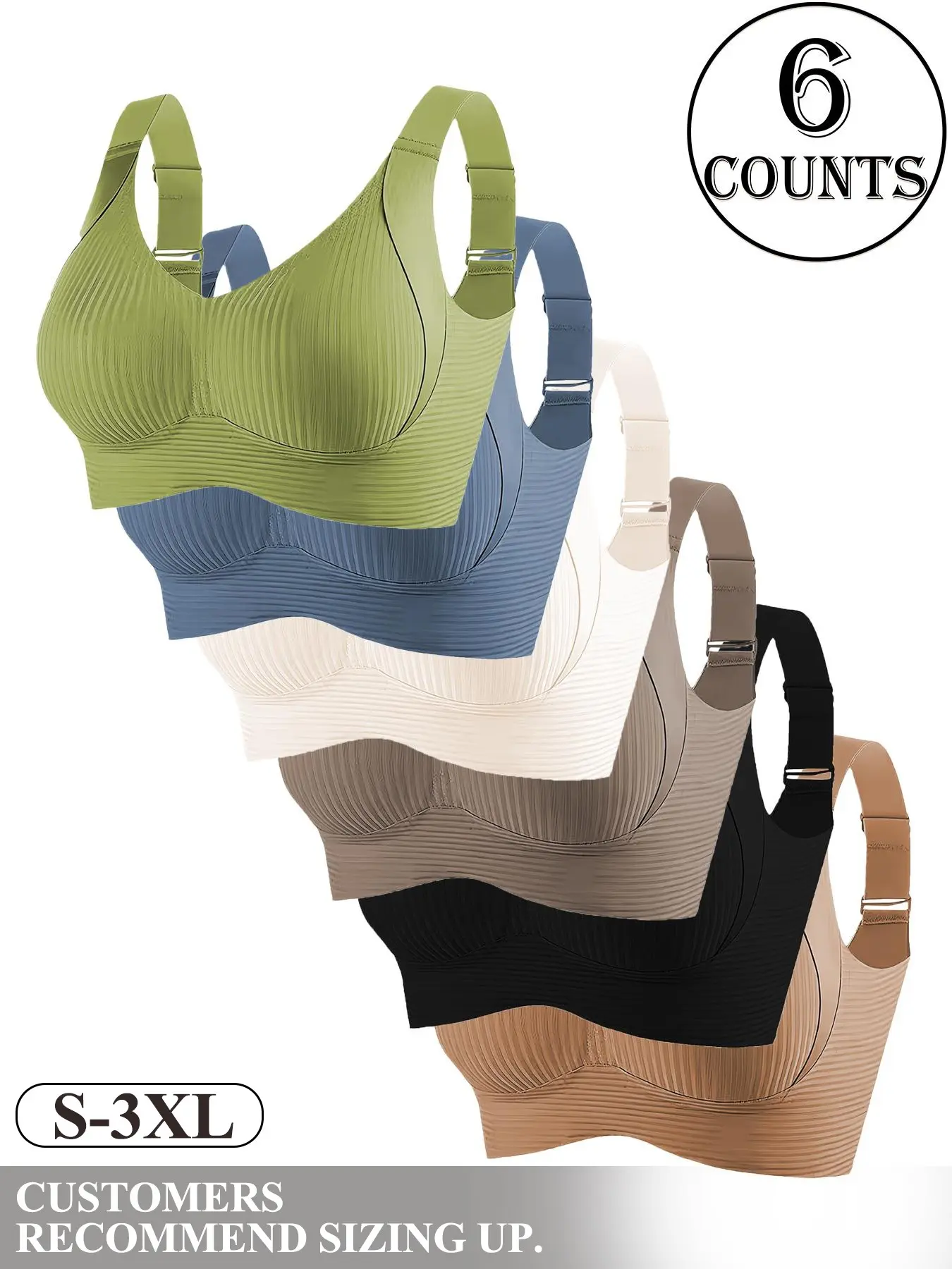 Women's Seamless Wireless Underwear Bralette Non Wire Bra Set, Adjustable Wide Straps, Comfortable Breathable Smooth Daily Casual Wear, 7/6/5/4/3 Pieces, Ribbed Stripe Design, Fit