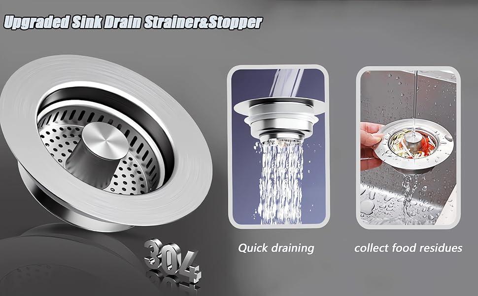 SUS304 Stainless Steel 3 in 1 Kitchen Sink Drain Strainer with Anti-Clogging Basket, Upgraded Spring Design, Easy Installation, Suitable for US Standard 3-1/2" Drain （2）