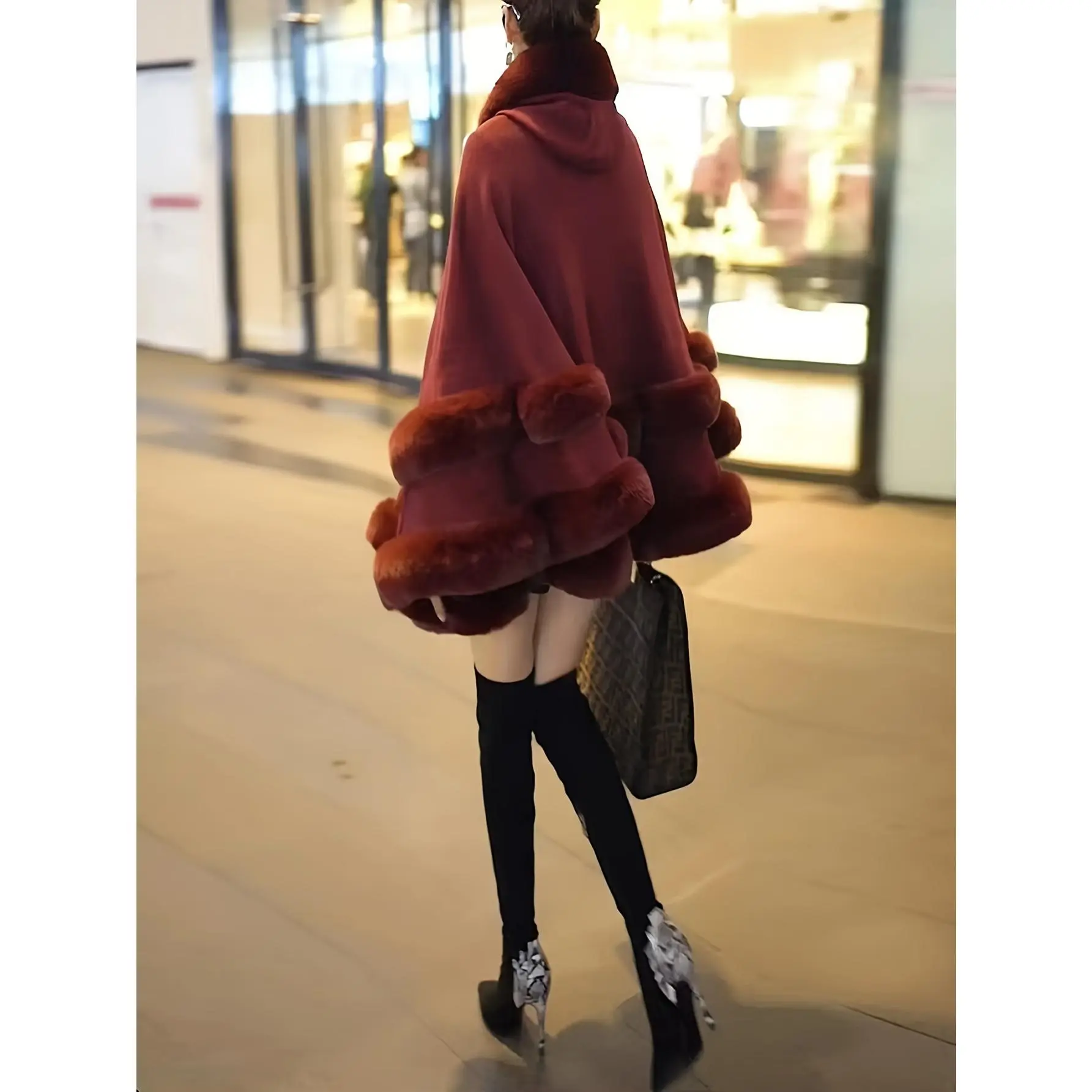 [Luxury Cape Coat] Burgundy Faux Fur-Lined Women's Winter Cape-Style Hooded Cardigan| Oversized Coat for Cold Weather, Middle Eastern-Inspired Elegance, Dry Clean Only