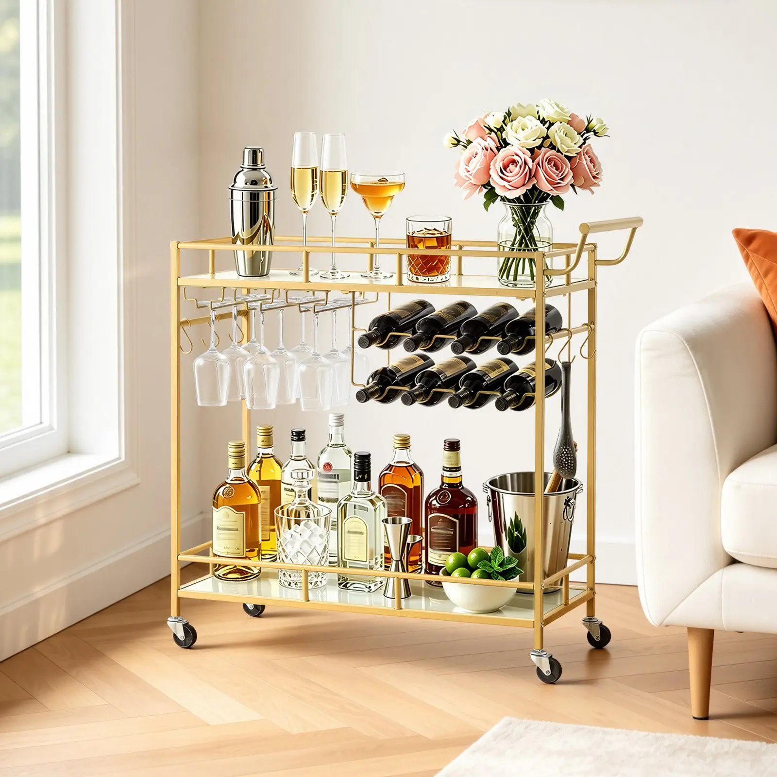 VEVOR 2-Tier Rolling Bar Cart with Wheels, Mirrored Shelves, Wine Rack & Glass Holder, Modern Home Kitchen Utility Serving Trolley for Living & Dining Room, Gold, Rolling Wheels, Mirrored Glass