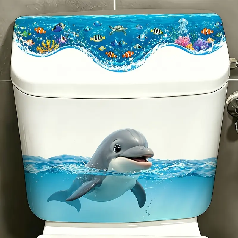 Underwater World Marine Tropical Fish Flat Dolphin Toilet Sticker 1PC Waterproof Bathroom Toilet Tank Decorative Sticker For Home Restroom Decor