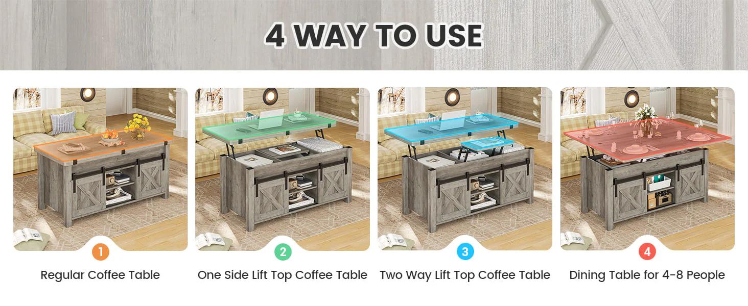 Sikaic Lift Top Coffee Table, 4 in 1 Multi-Function Convertible Coffee Tables with Storage and Hidden Compartment, Farmhouse Coffee Table Converts to Dining Table for Living Room Sikaic Lift Top Coffee Table, 4 in 1 Multi-Function Convertible Coffee Tables with Storage and Hidden Compartment, Farmhouse Coffee Table Converts to Dining Table for Living Room